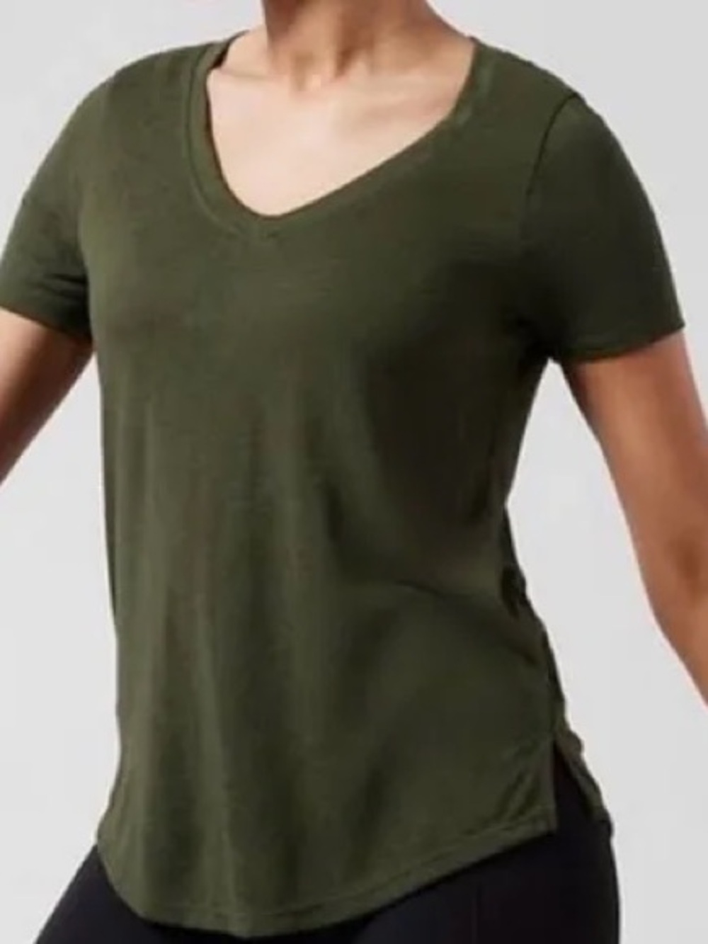 Athleta Linen Blend V-Neck Short Sleeve Tee, Olive Green